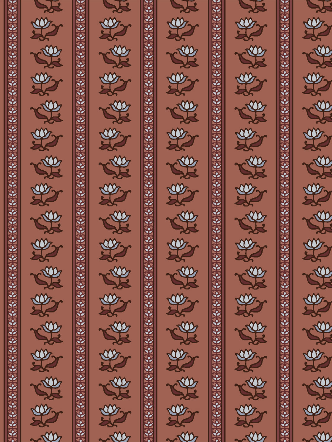Azahara wallpaper in Painted Clay: pale blue lotus stripes with maroon leaves on a terracotta ground
