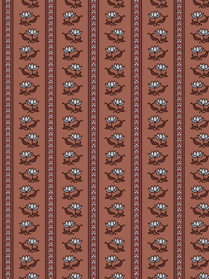 Azahara wallpaper in Painted Clay: pale blue lotus stripes with maroon leaves on a terracotta ground