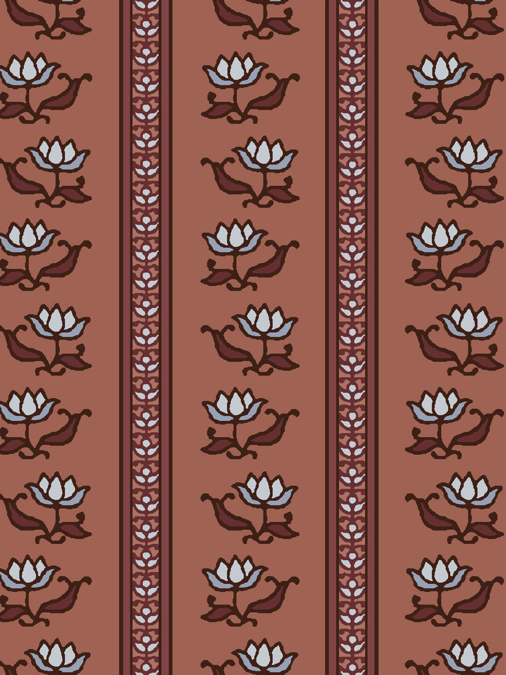 Close crop of pale blue-white lotus stripes on terracotta brick clay
