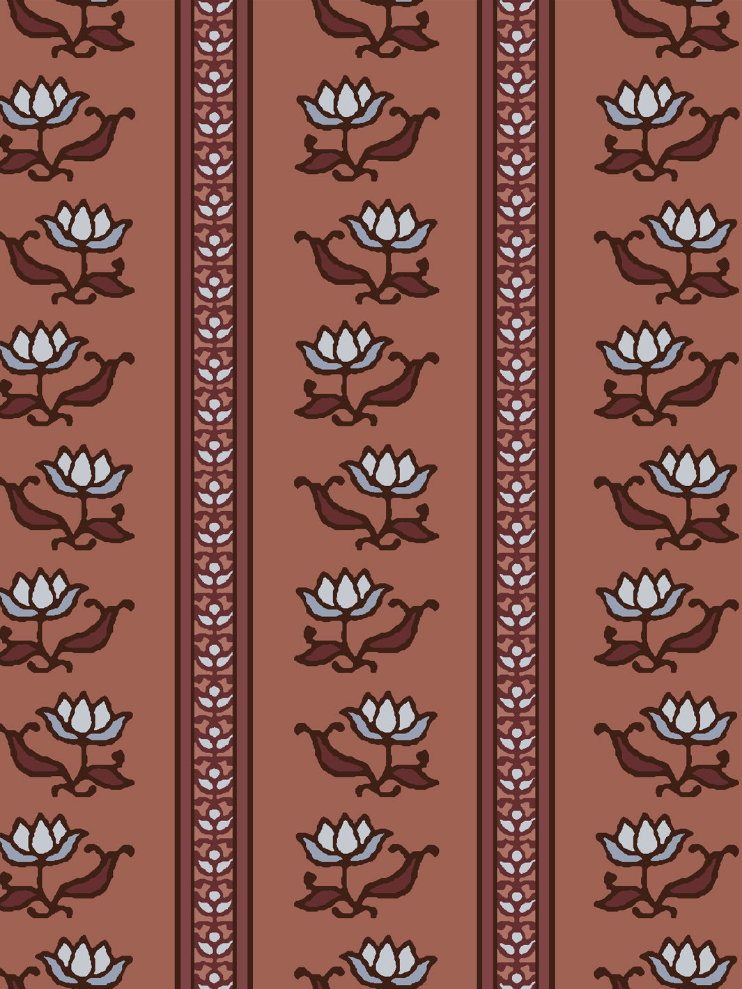 Close crop of pale blue-white lotus stripes on terracotta brick clay