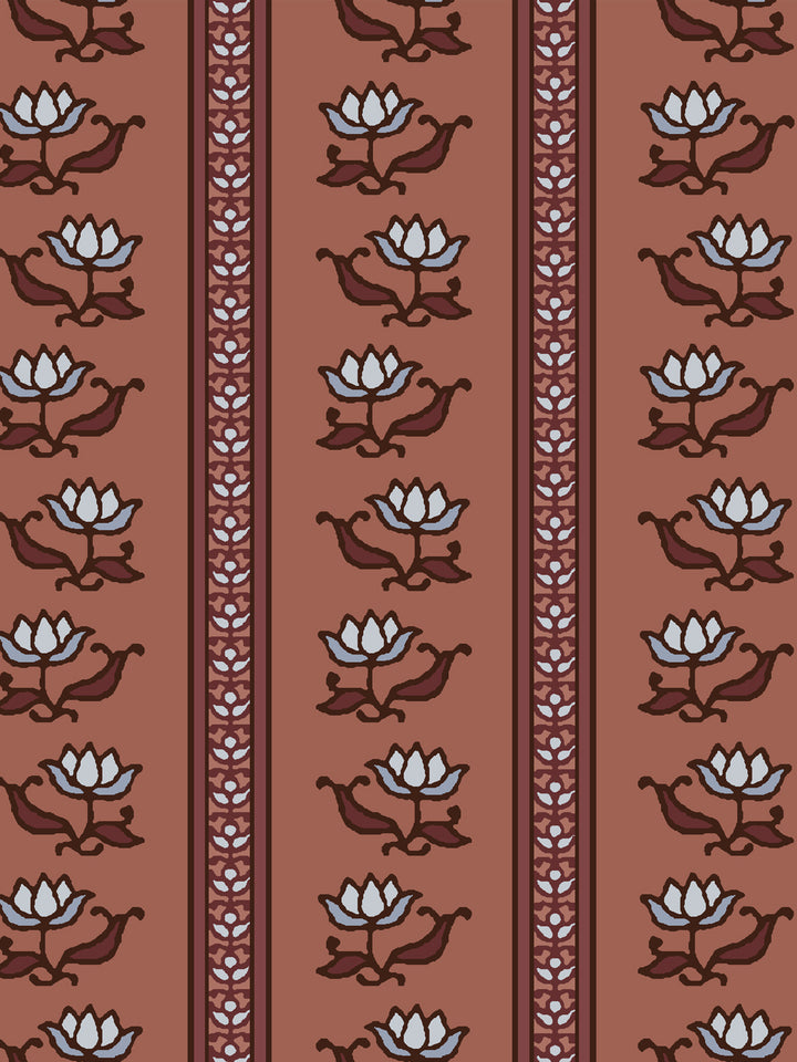 Close crop of pale blue-white lotus stripes on terracotta brick clay