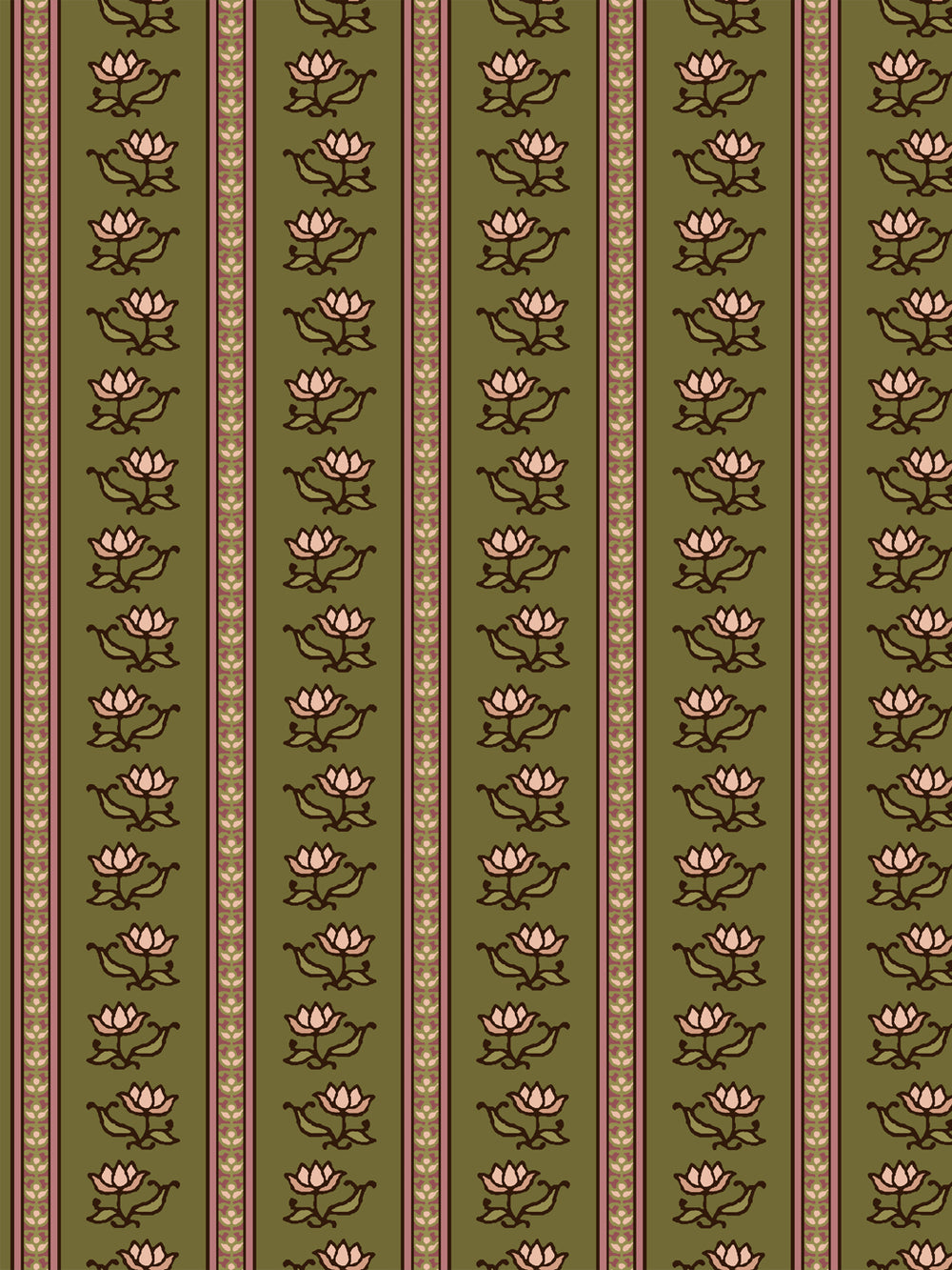 Azahara wallpaper in Pressed Petal Olive: blush lotus stripes with dark brown leaves on olive green