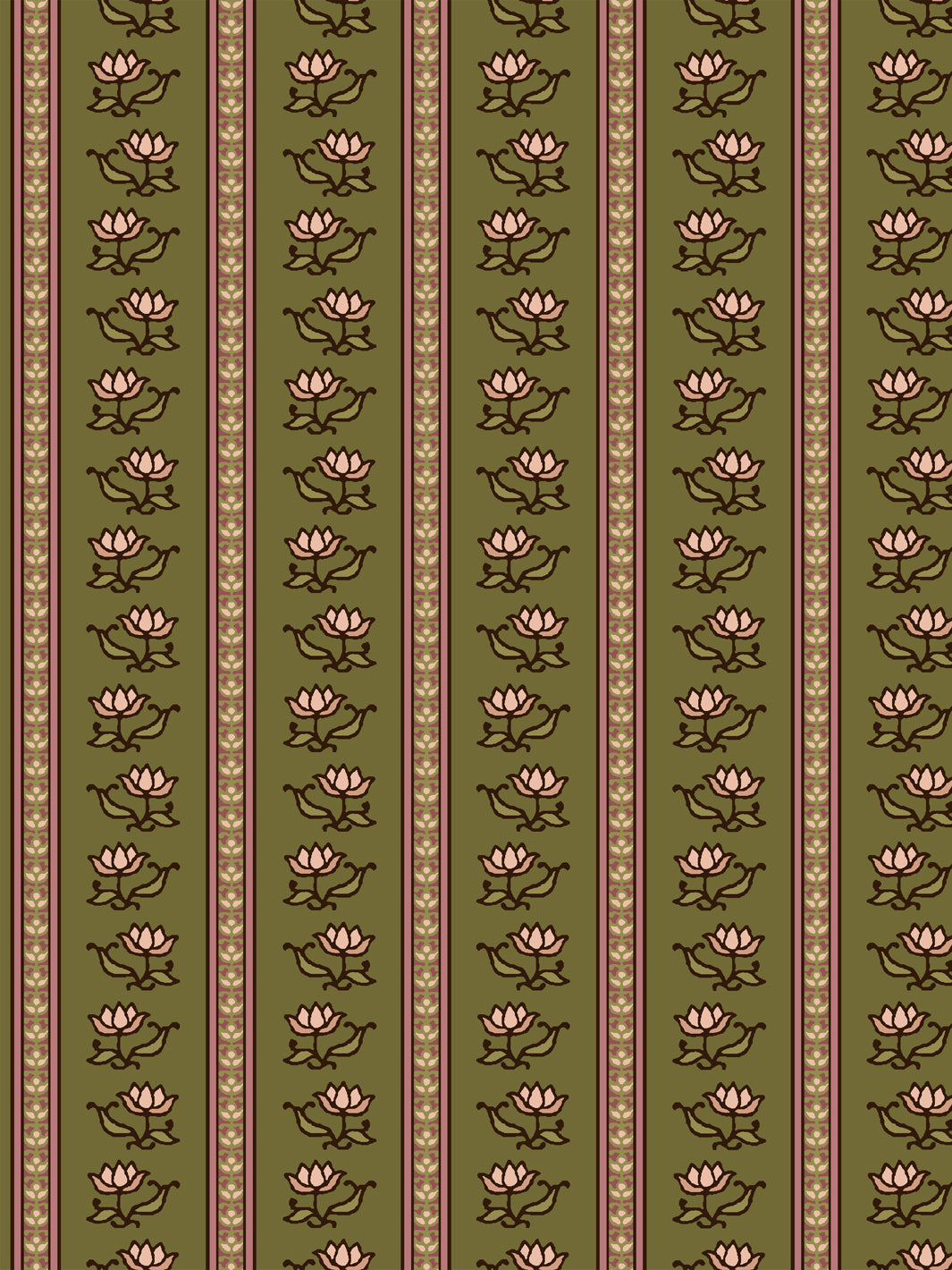 Azahara wallpaper in Pressed Petal Olive: blush lotus stripes with dark brown leaves on olive green
