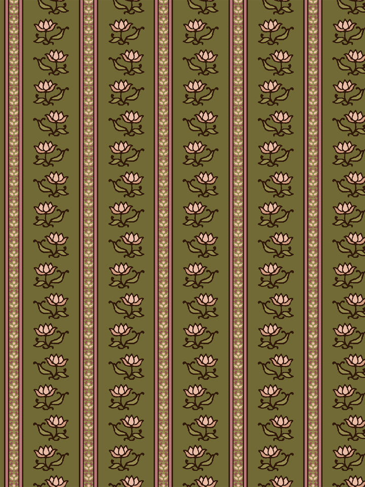 Azahara wallpaper in Pressed Petal Olive: blush lotus stripes with dark brown leaves on olive green