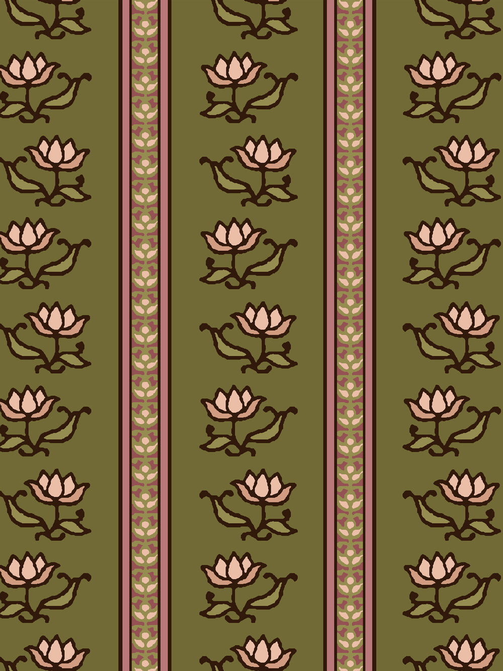 Close crop of blush pink lotus stripes on medium warm olive green