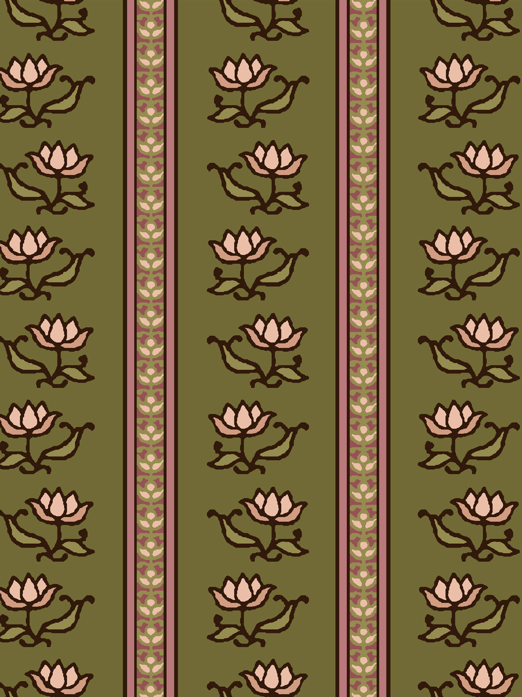 Close crop of blush pink lotus stripes on medium warm olive green