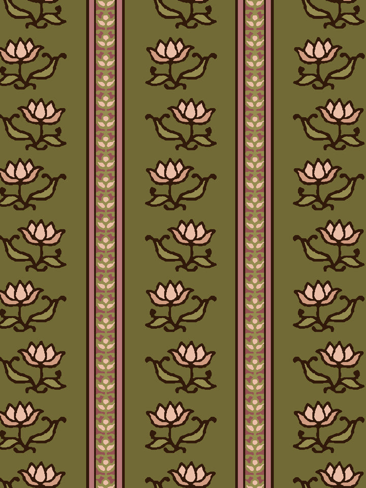 Close crop of blush pink lotus stripes on medium warm olive green