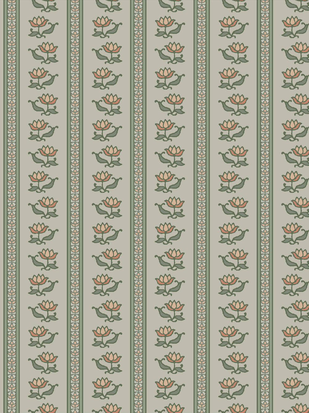 Azahara wallpaper in Silver Sage: peach lotus stripes with deep green leaves on a pale grey-sage ground