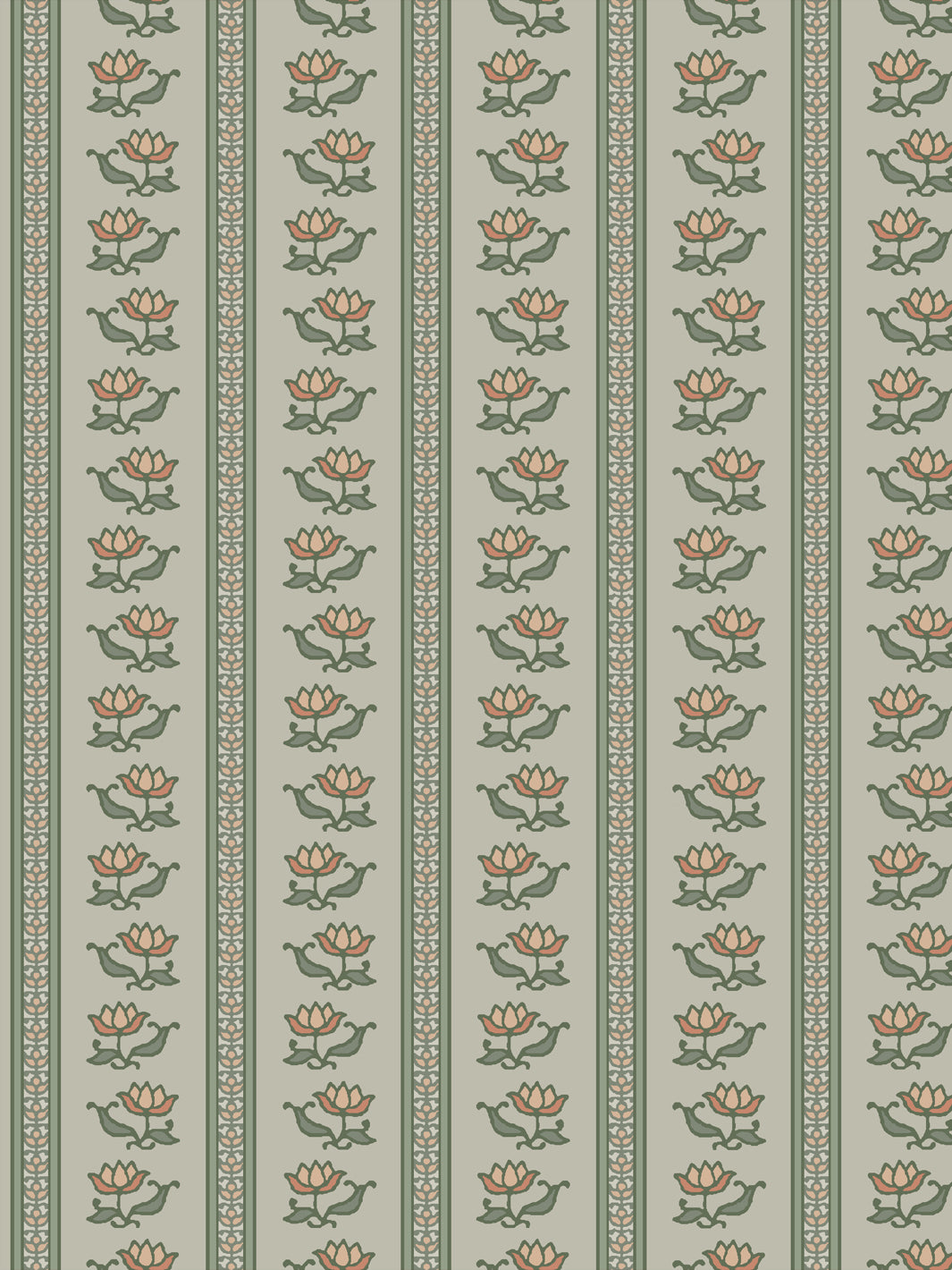 Azahara wallpaper in Silver Sage: peach lotus stripes with deep green leaves on a pale grey-sage ground