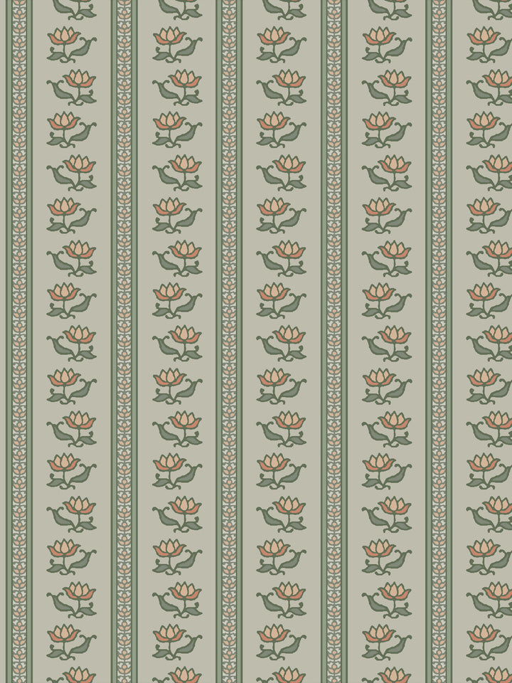 Azahara wallpaper in Silver Sage: peach lotus stripes with deep green leaves on a pale grey-sage ground