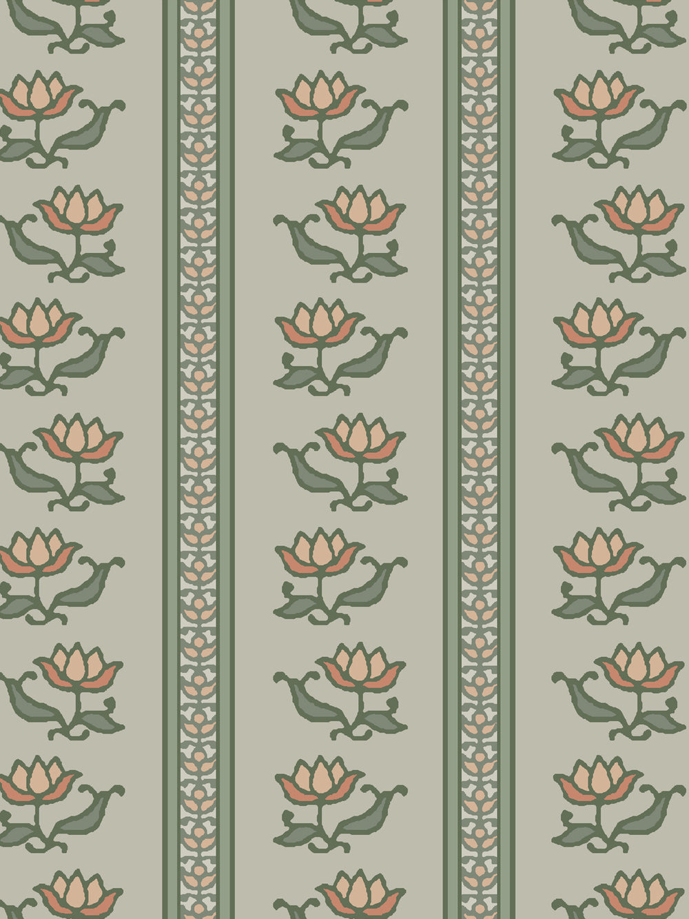 Close crop of cream-peach lotus stripes on pale grey-sage