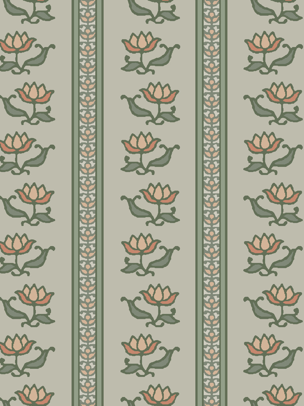 Close crop of cream-peach lotus stripes on pale grey-sage
