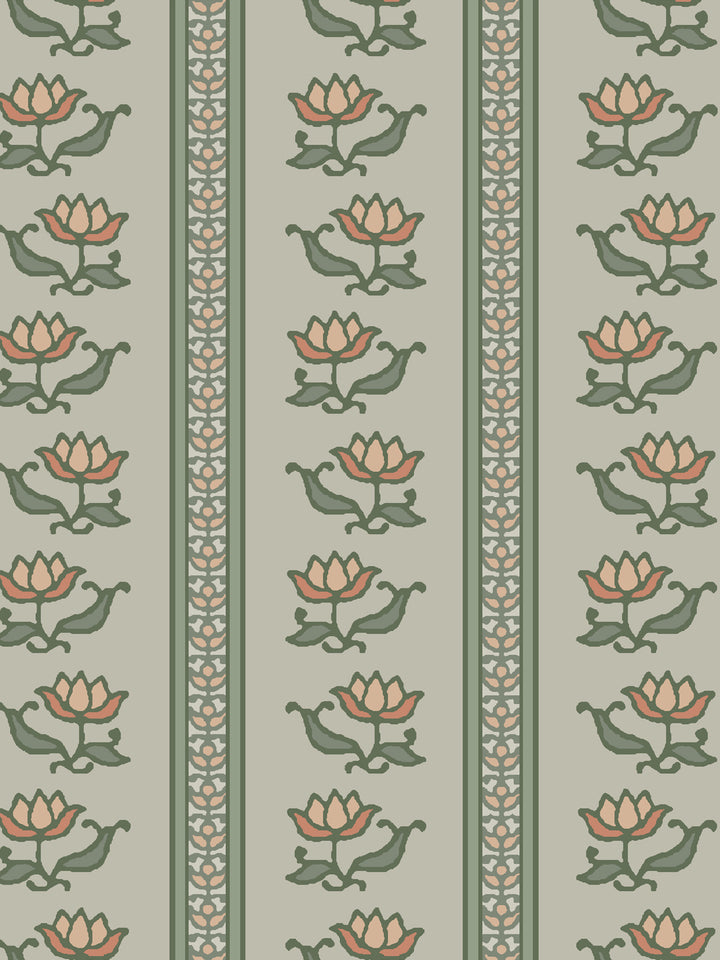 Close crop of cream-peach lotus stripes on pale grey-sage