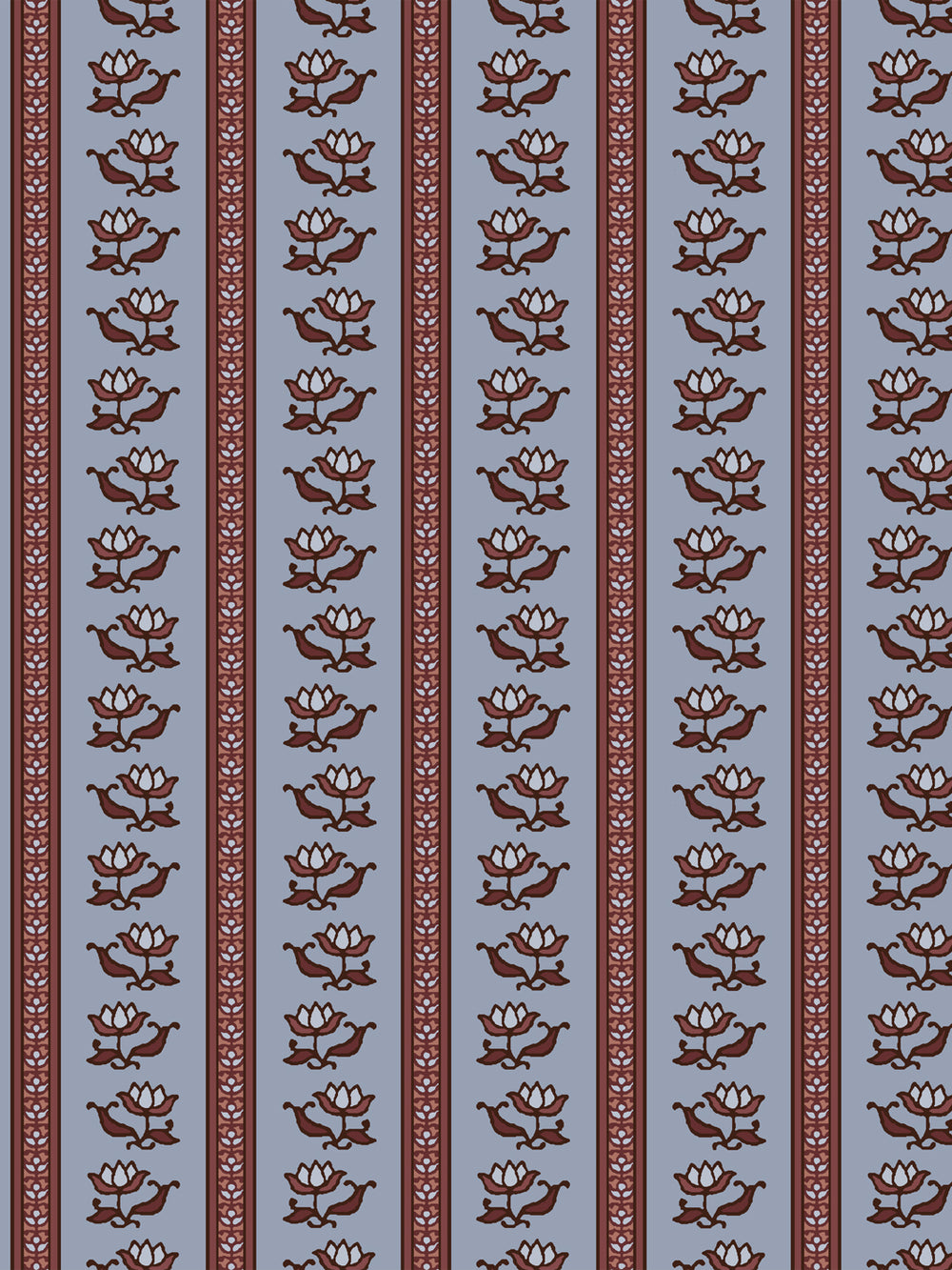 Azahara wallpaper in Stormy Orchard: oxblood lotus stripes with rust trim on a dusty periwinkle ground