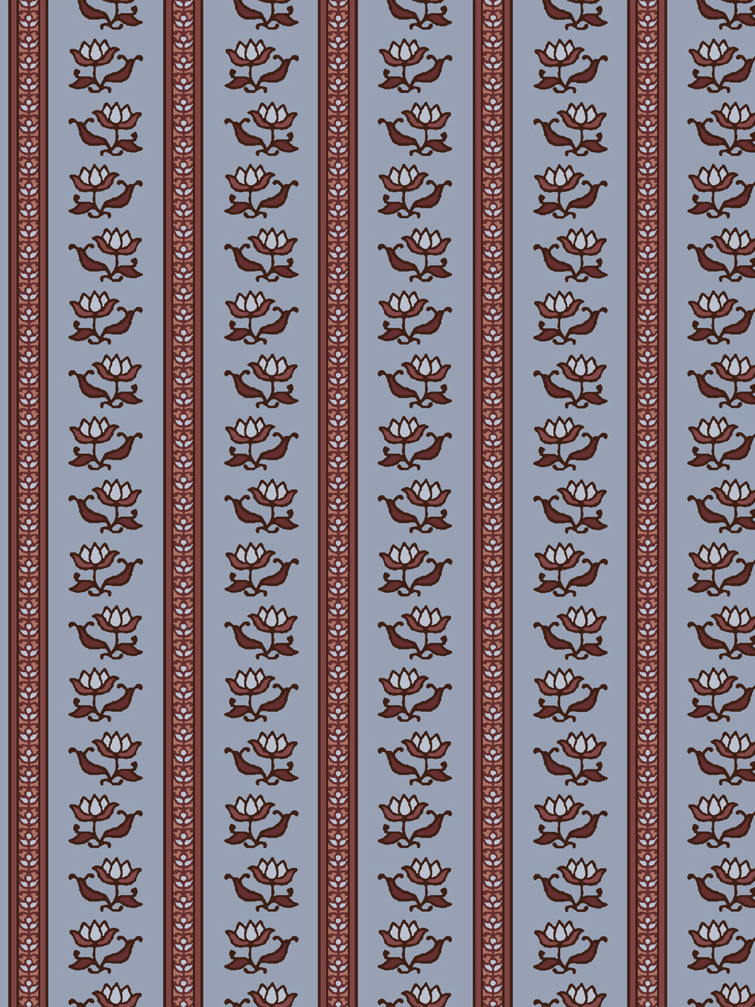 Azahara wallpaper in Stormy Orchard: oxblood lotus stripes with rust trim on a dusty periwinkle ground