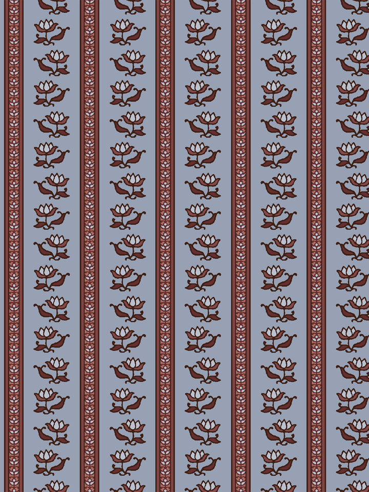 Azahara wallpaper in Stormy Orchard: oxblood lotus stripes with rust trim on a dusty periwinkle ground