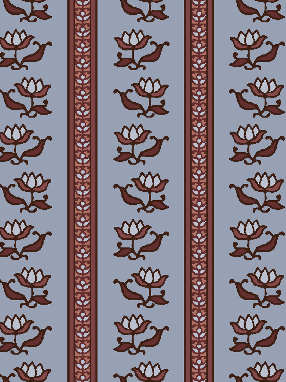 Close crop of deep oxblood maroon lotus stripes on dusty periwinkle blue-grey