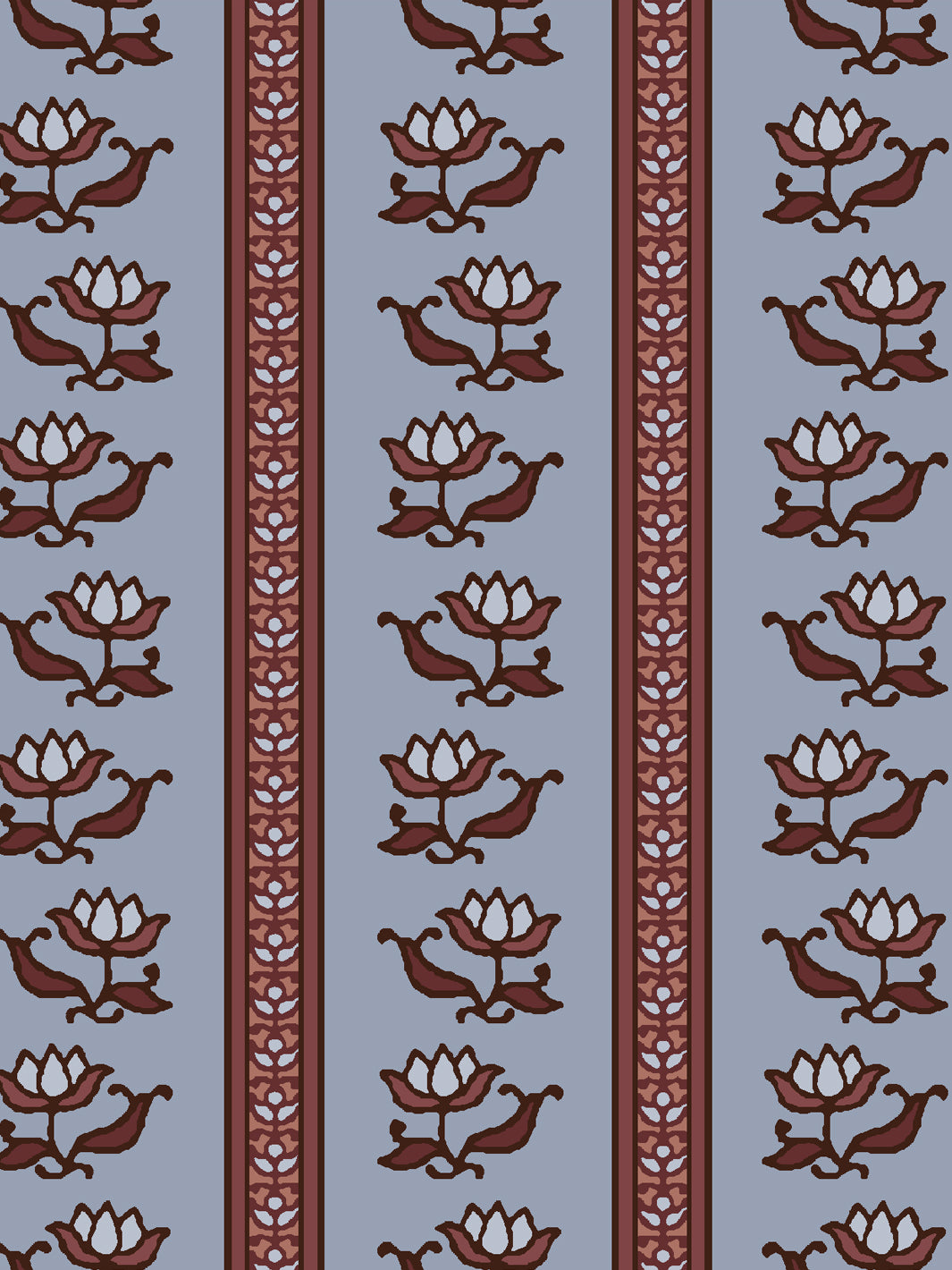 Close crop of deep oxblood maroon lotus stripes on dusty periwinkle blue-grey
