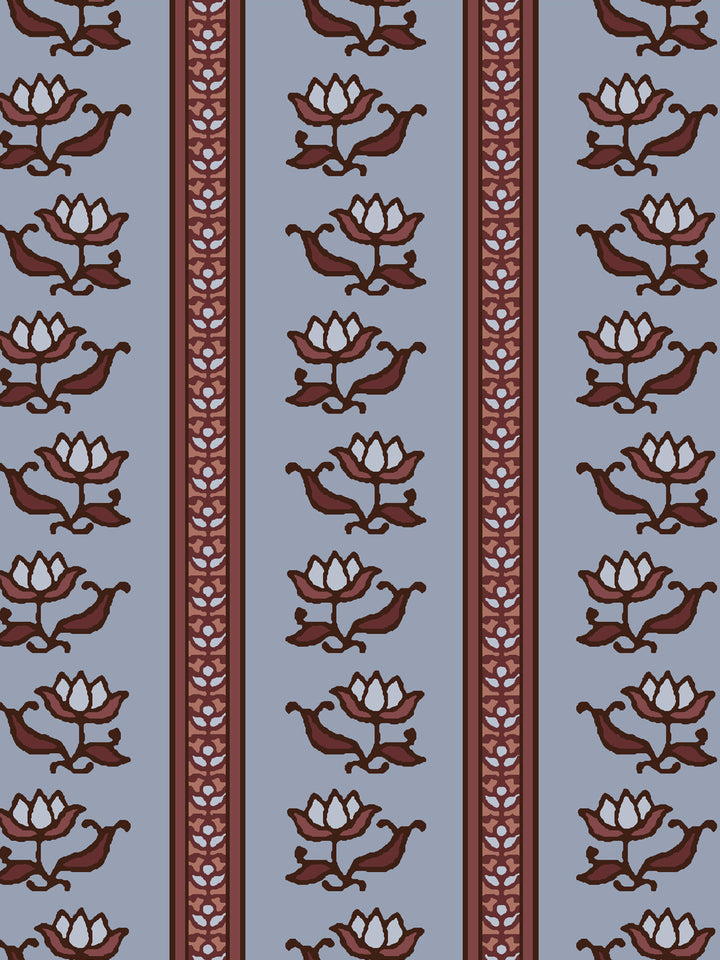 Close crop of deep oxblood maroon lotus stripes on dusty periwinkle blue-grey