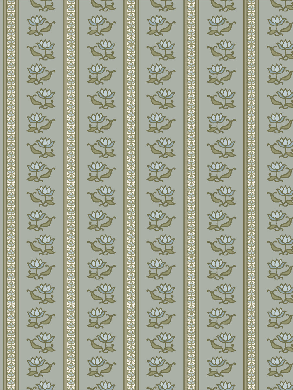 Azahara wallpaper in Washed Willow: pale blue lotus stripes with olive leaves on soft grey-green