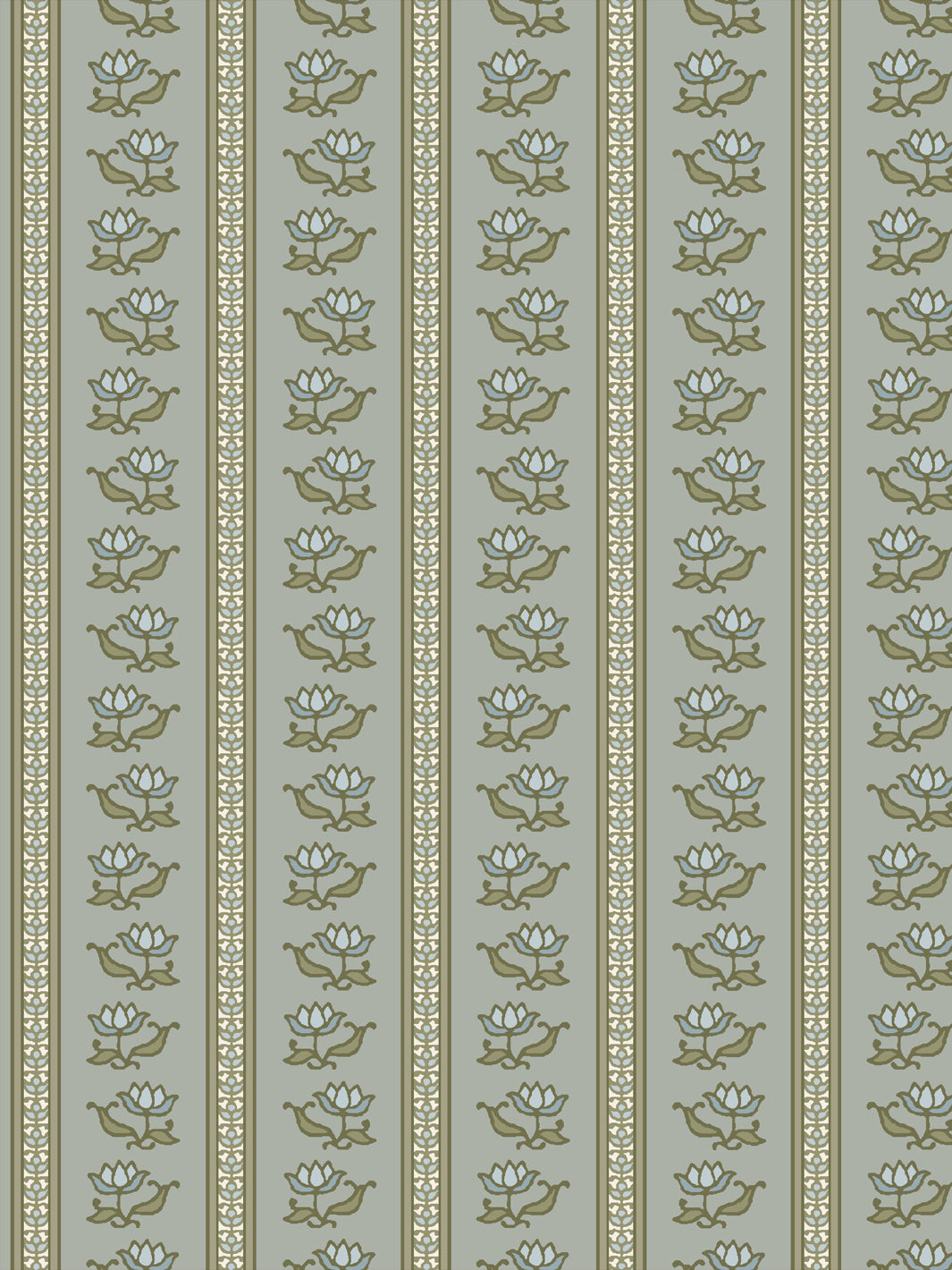 Azahara wallpaper in Washed Willow: pale blue lotus stripes with olive leaves on soft grey-green