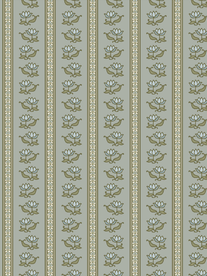 Azahara wallpaper in Washed Willow: pale blue lotus stripes with olive leaves on soft grey-green