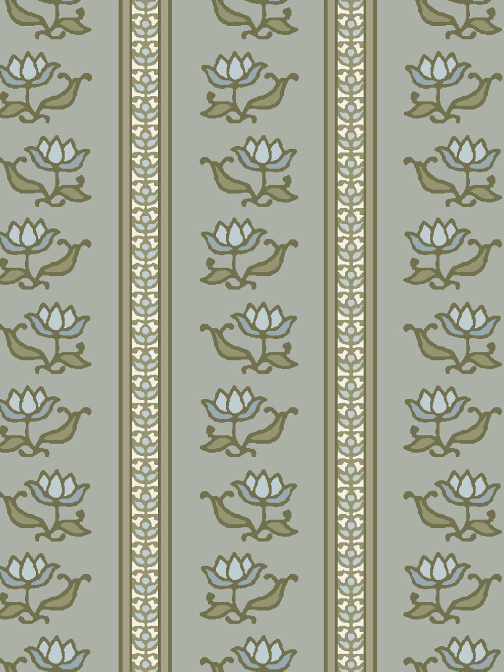 Close crop of pale blue-white lotus stripes on soft grey-green sage