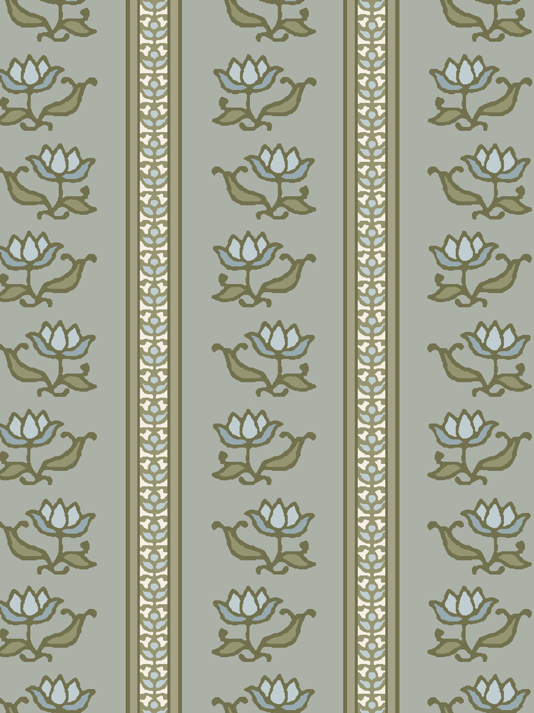 Close crop of pale blue-white lotus stripes on soft grey-green sage