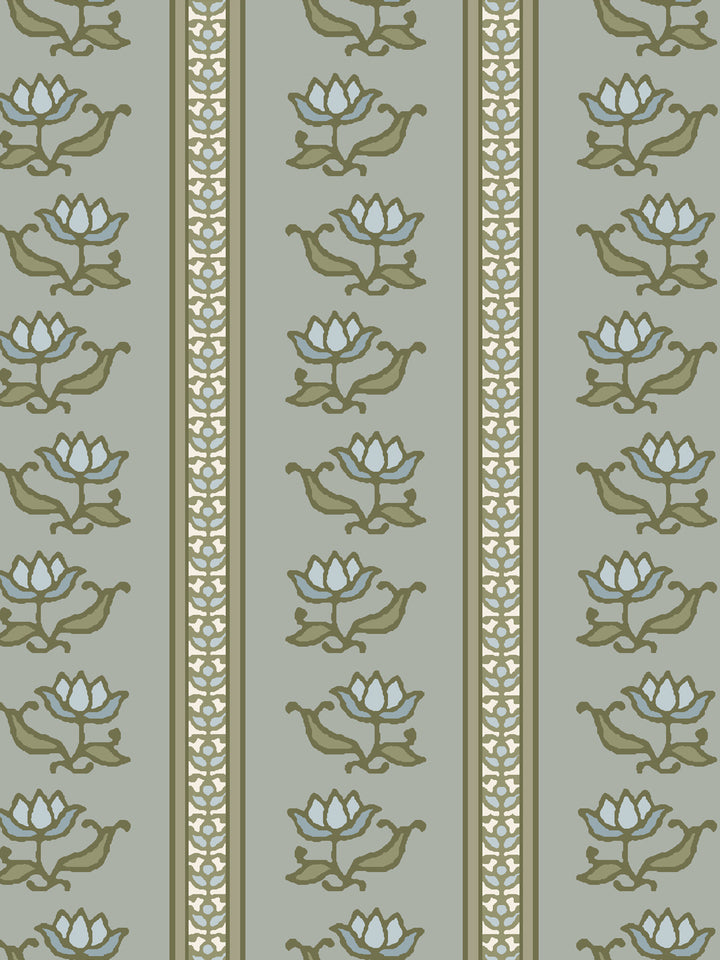 Close crop of pale blue-white lotus stripes on soft grey-green sage