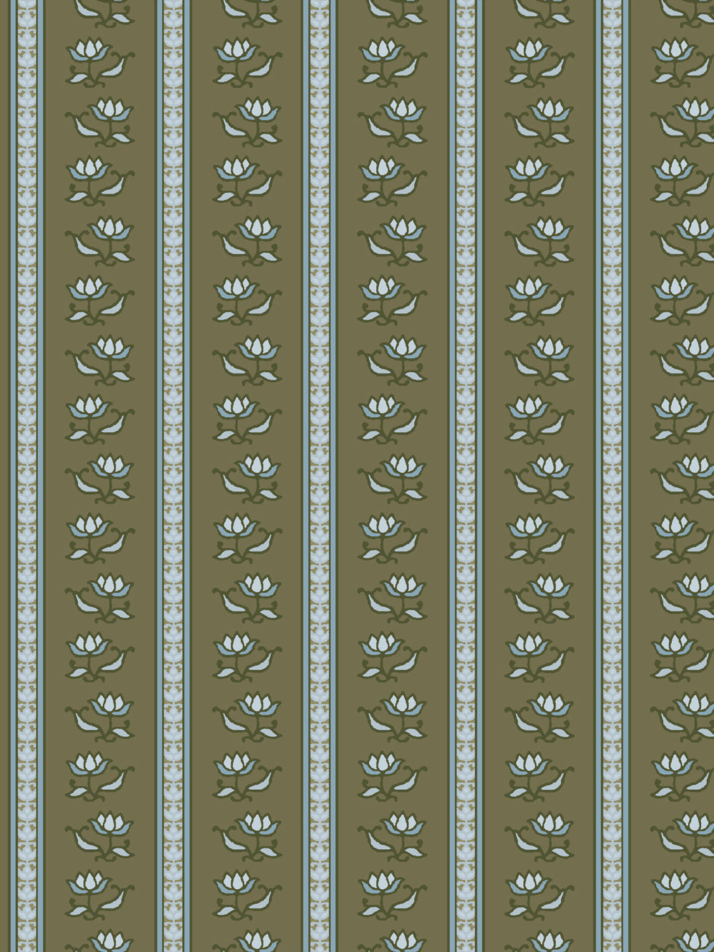 Azahara wallpaper in Winter Creek Moss: ice blue lotus stripes with dark green leaves on moss olive