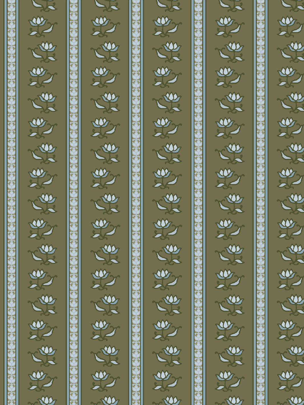 Azahara wallpaper in Winter Creek Moss: ice blue lotus stripes with dark green leaves on moss olive
