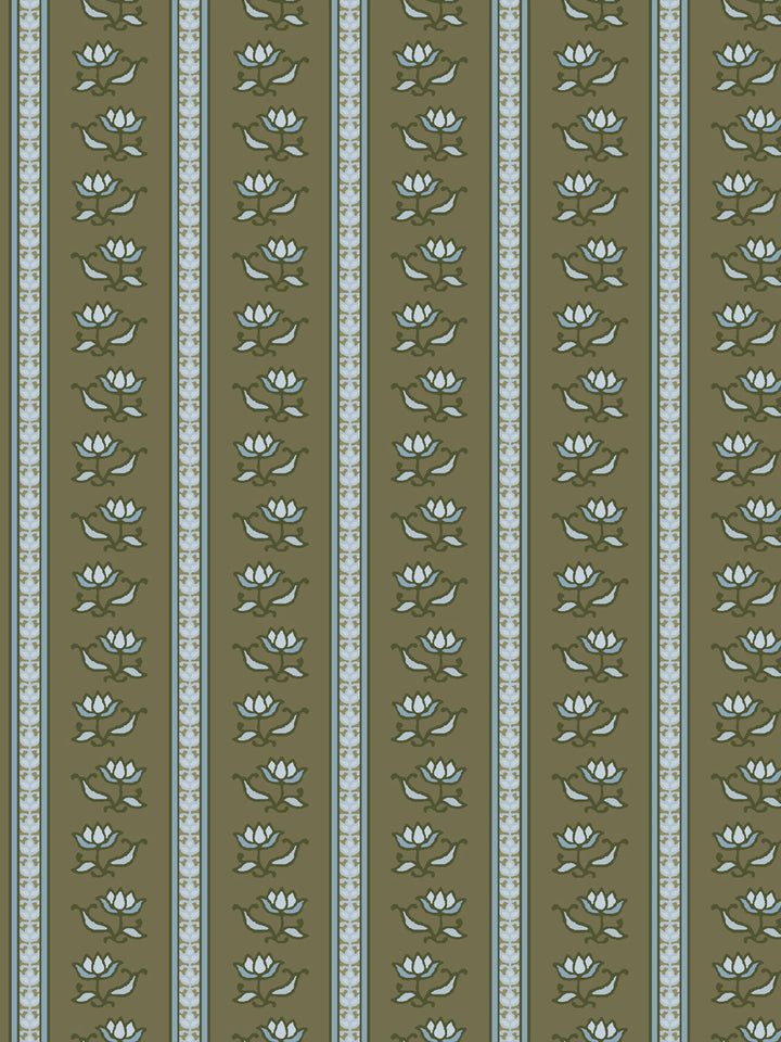 Azahara wallpaper in Winter Creek Moss: ice blue lotus stripes with dark green leaves on moss olive