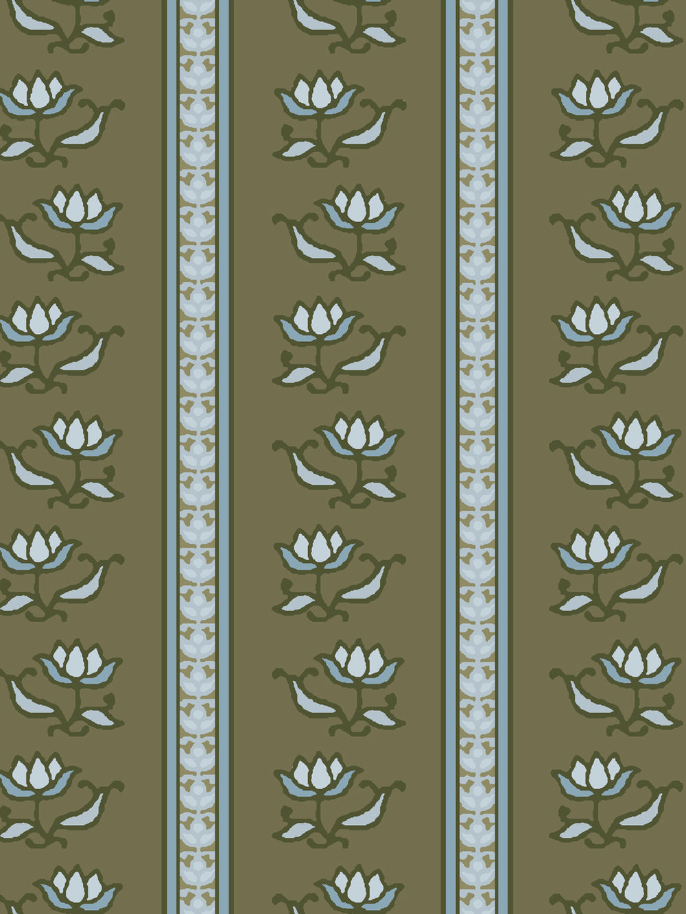 Close crop of pale ice blue and white lotus stripes on mid-dark moss olive green