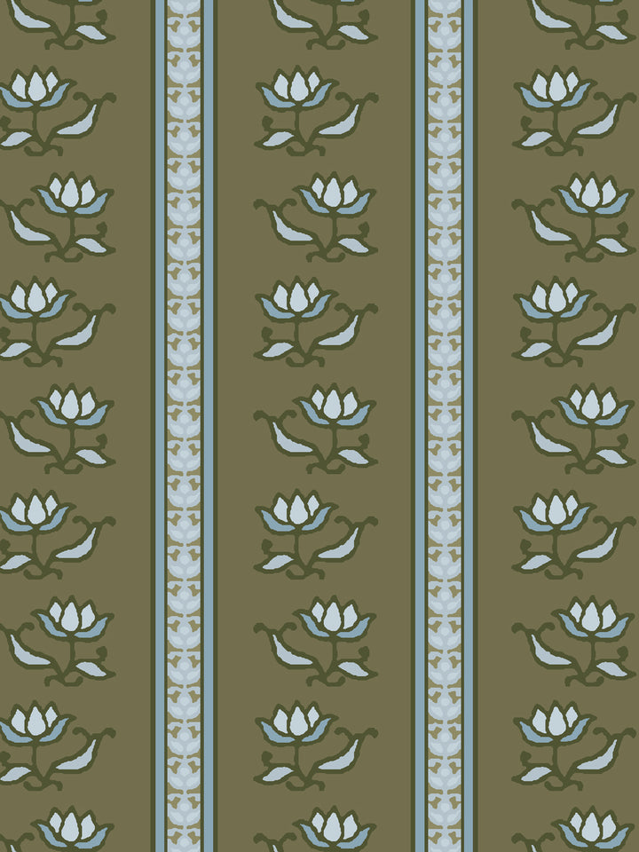 Close crop of pale ice blue and white lotus stripes on mid-dark moss olive green