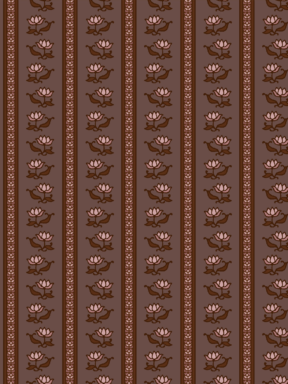 Azahara wallpaper in Withered Mauve: soft pink lotus stripes with red-brown leaves on cocoa mauve