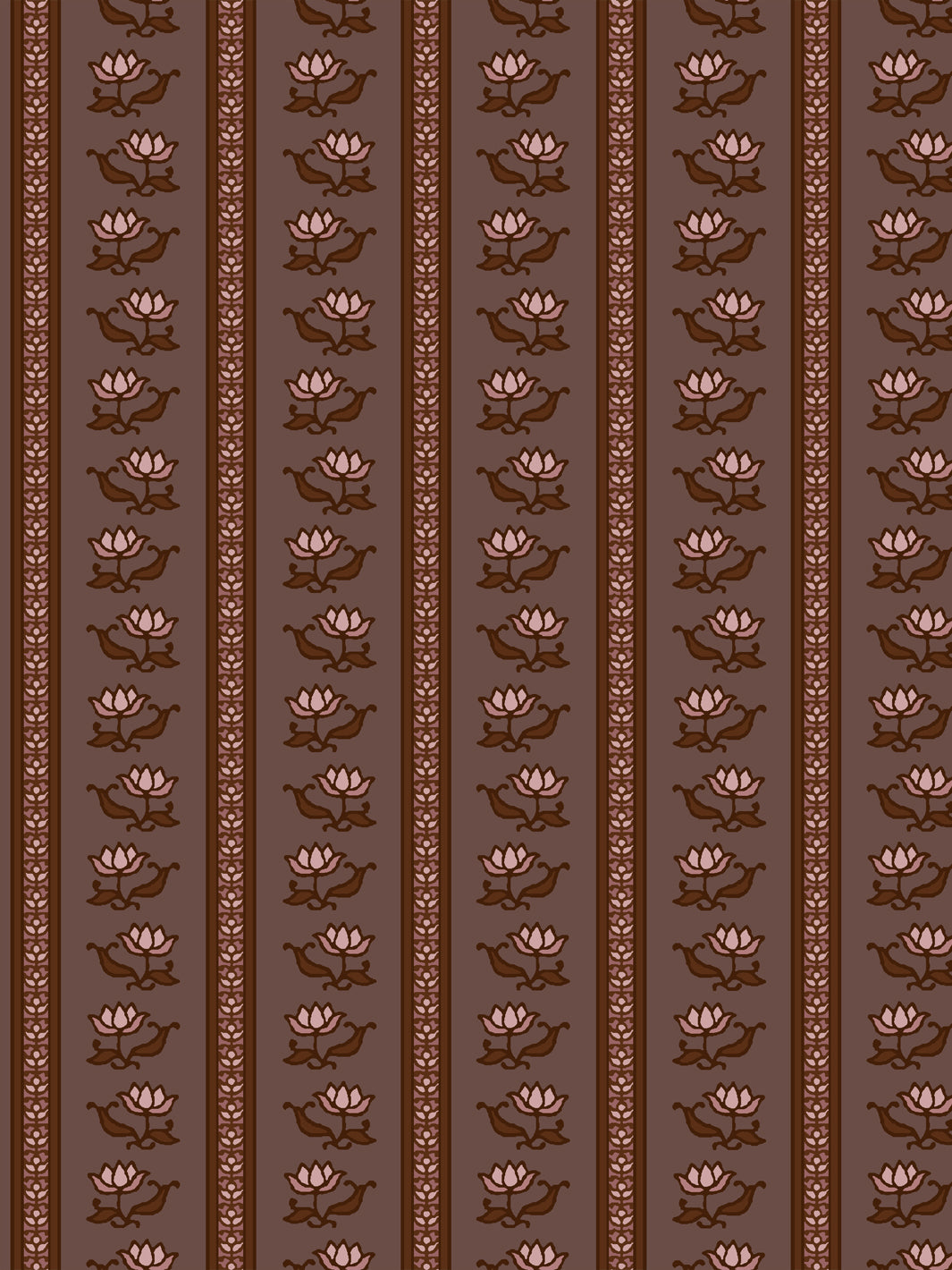 Azahara wallpaper in Withered Mauve: soft pink lotus stripes with red-brown leaves on cocoa mauve