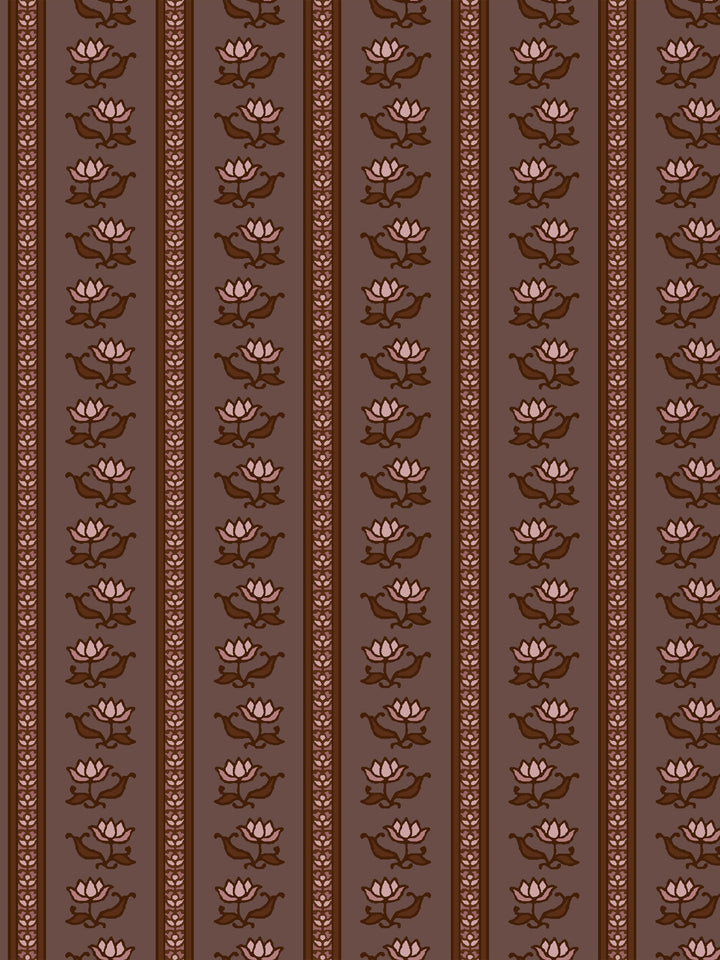 Azahara wallpaper in Withered Mauve: soft pink lotus stripes with red-brown leaves on cocoa mauve