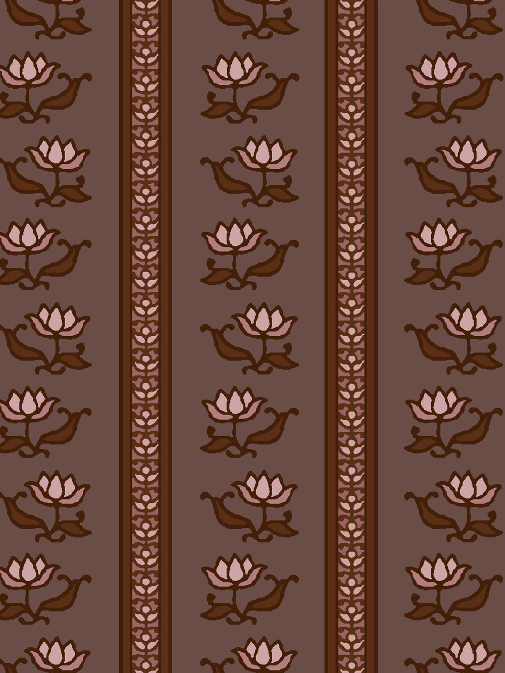 Close crop of soft pink lotus stripes on muted cocoa brown