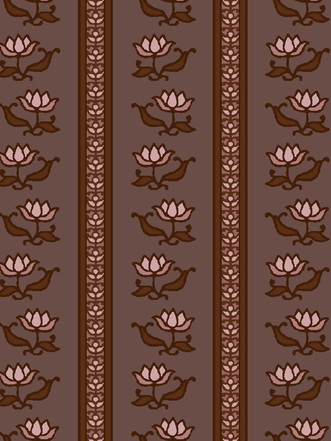 Close crop of soft pink lotus stripes on muted cocoa brown