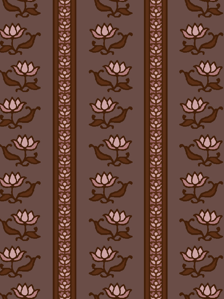 Close crop of soft pink lotus stripes on muted cocoa brown