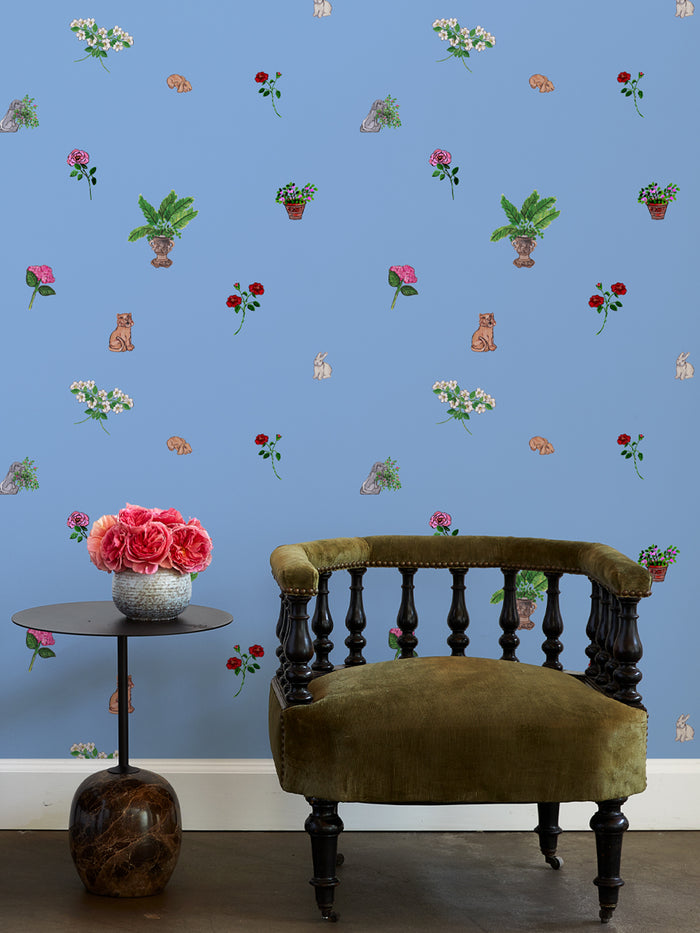 'Bel Air Rose Garden' Wallpaper by Carly Beck - Blue