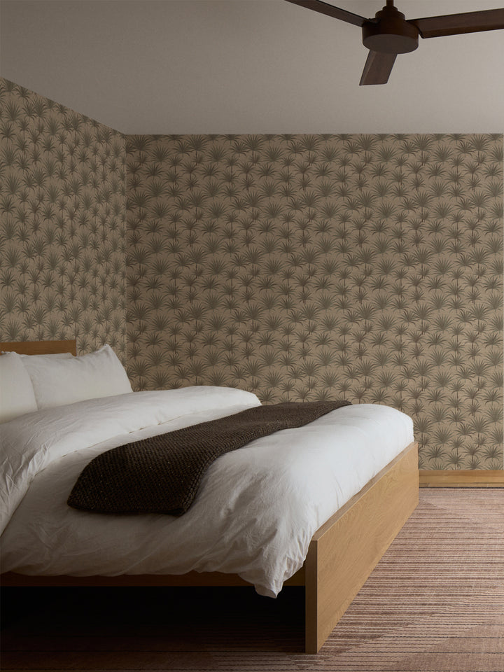 'Bismark Palm' Grasscloth Wallpaper by Wallshoppe - Taupe - Room Shot