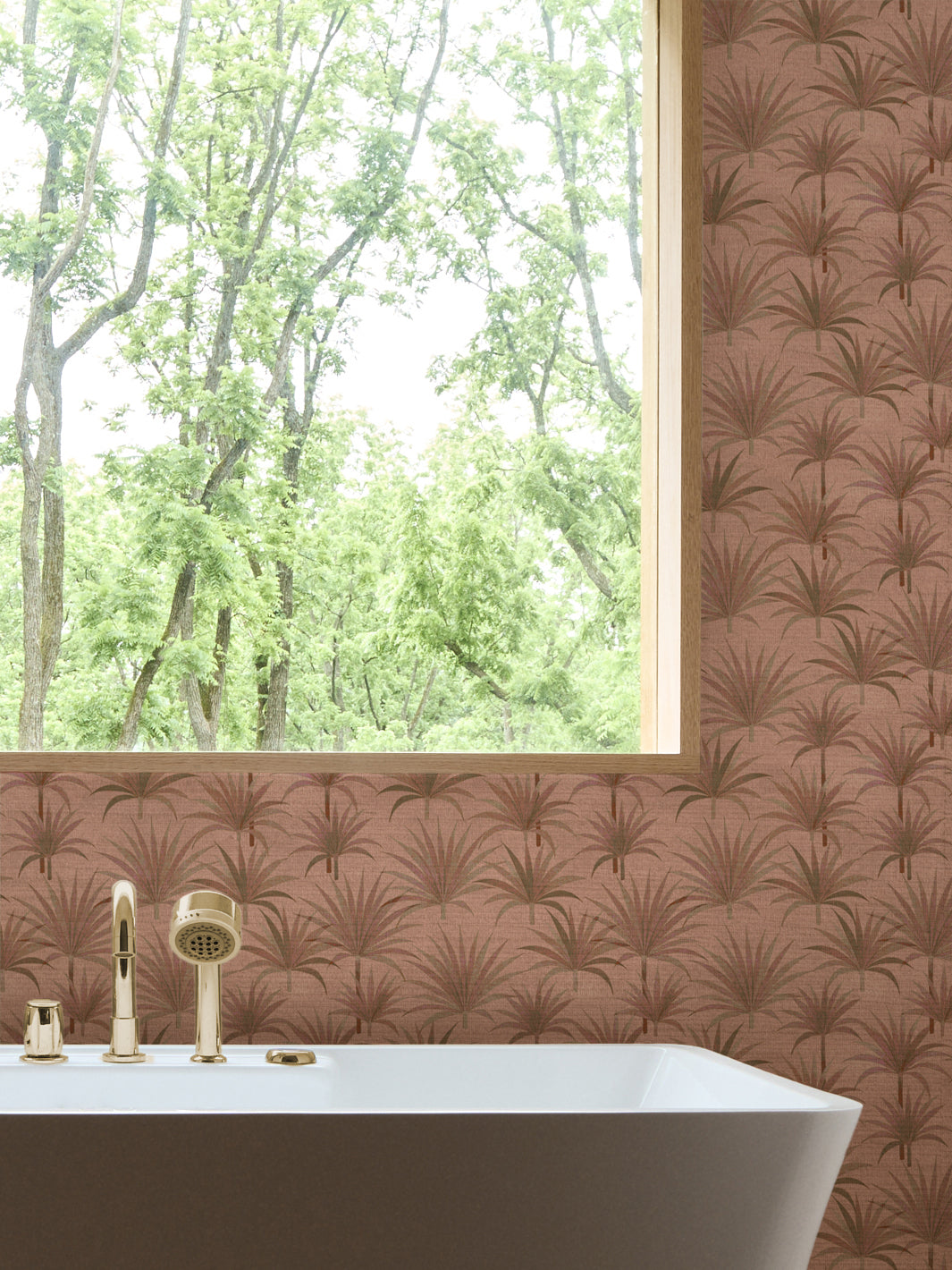 'Bismark Palm' Grasscloth Wallpaper by Wallshoppe - Terracotta Coral - Room Shot