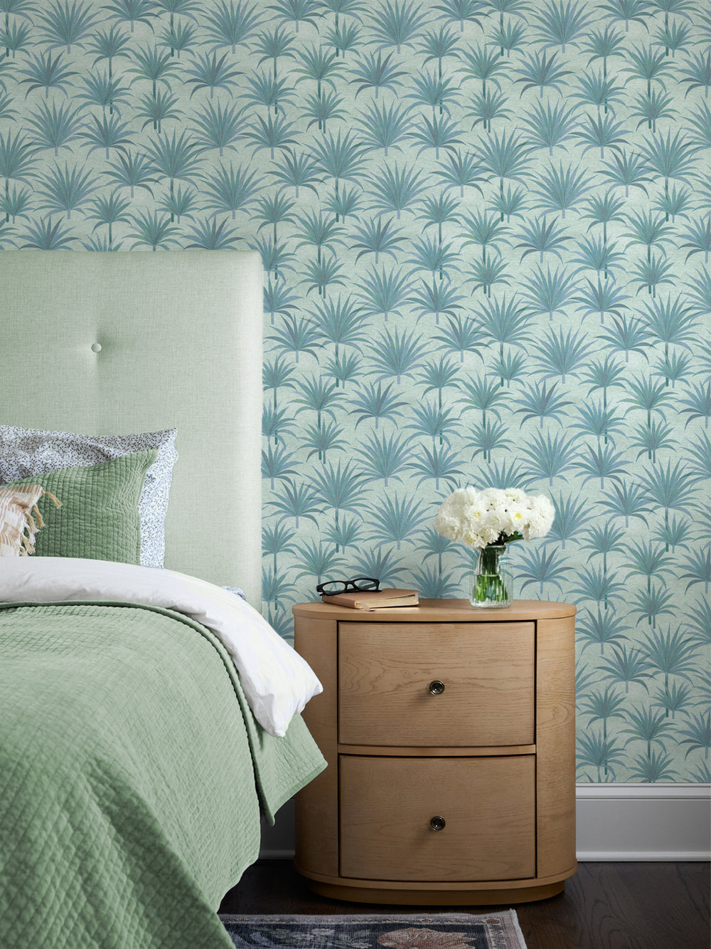 'Bismark Palm' Wallpaper by Wallshoppe - Blue Green - Room Shot