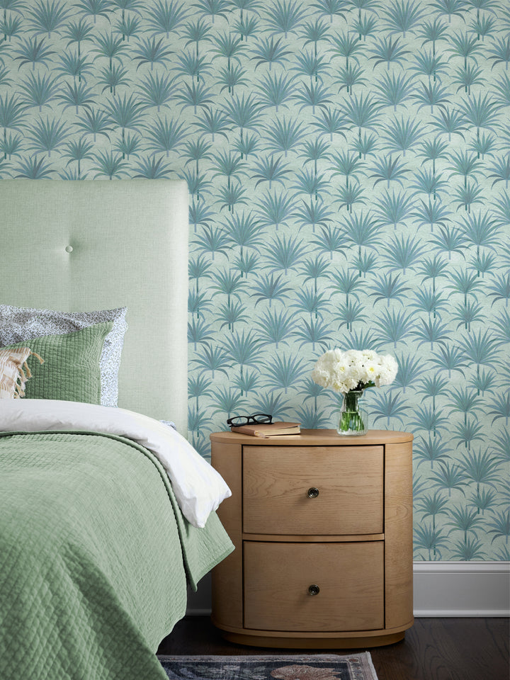 'Bismark Palm' Wallpaper by Wallshoppe - Blue Green - Room Shot