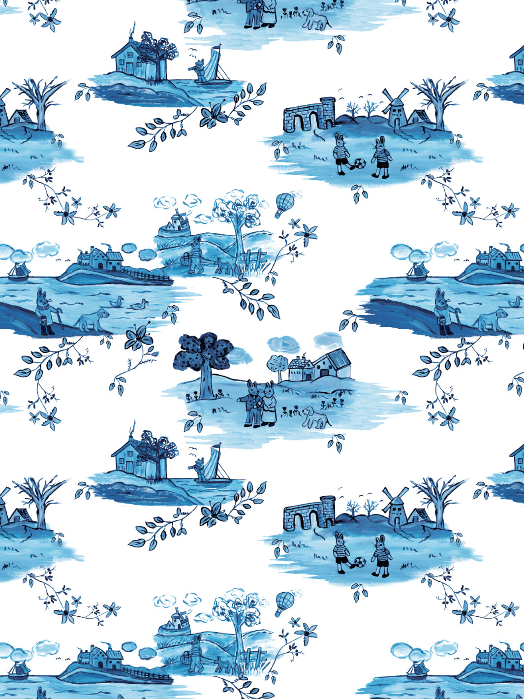 bunny toile wallpaper by carly beck blue