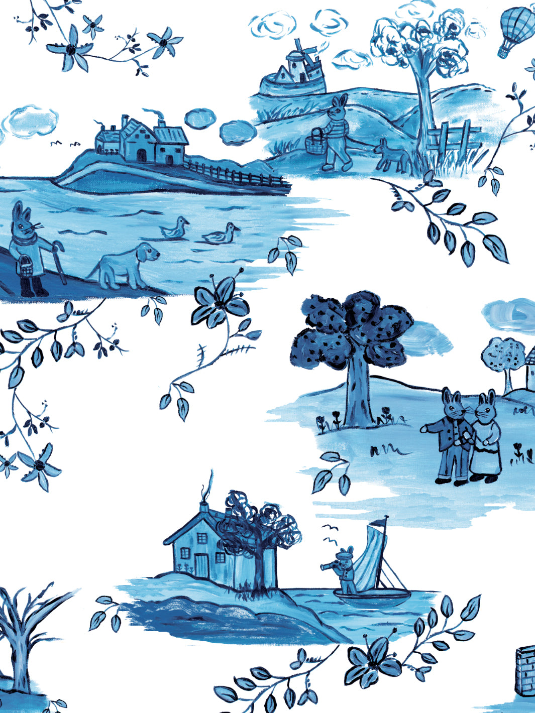 bunny toile wallpaper by carly beck blue