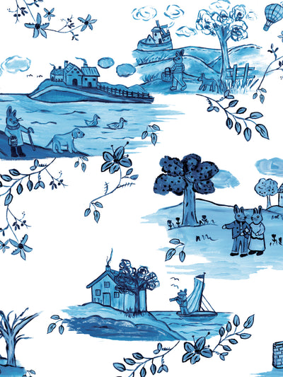 bunny toile wallpaper by carly beck blue