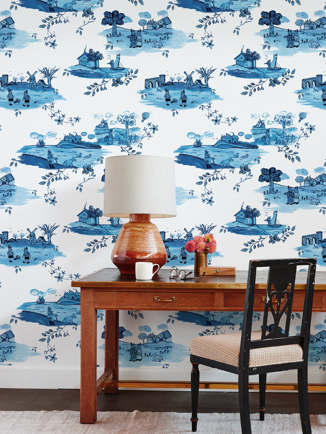 bunny toile wallpaper by carly beck blue