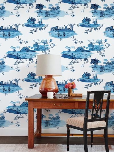 bunny toile wallpaper by carly beck blue